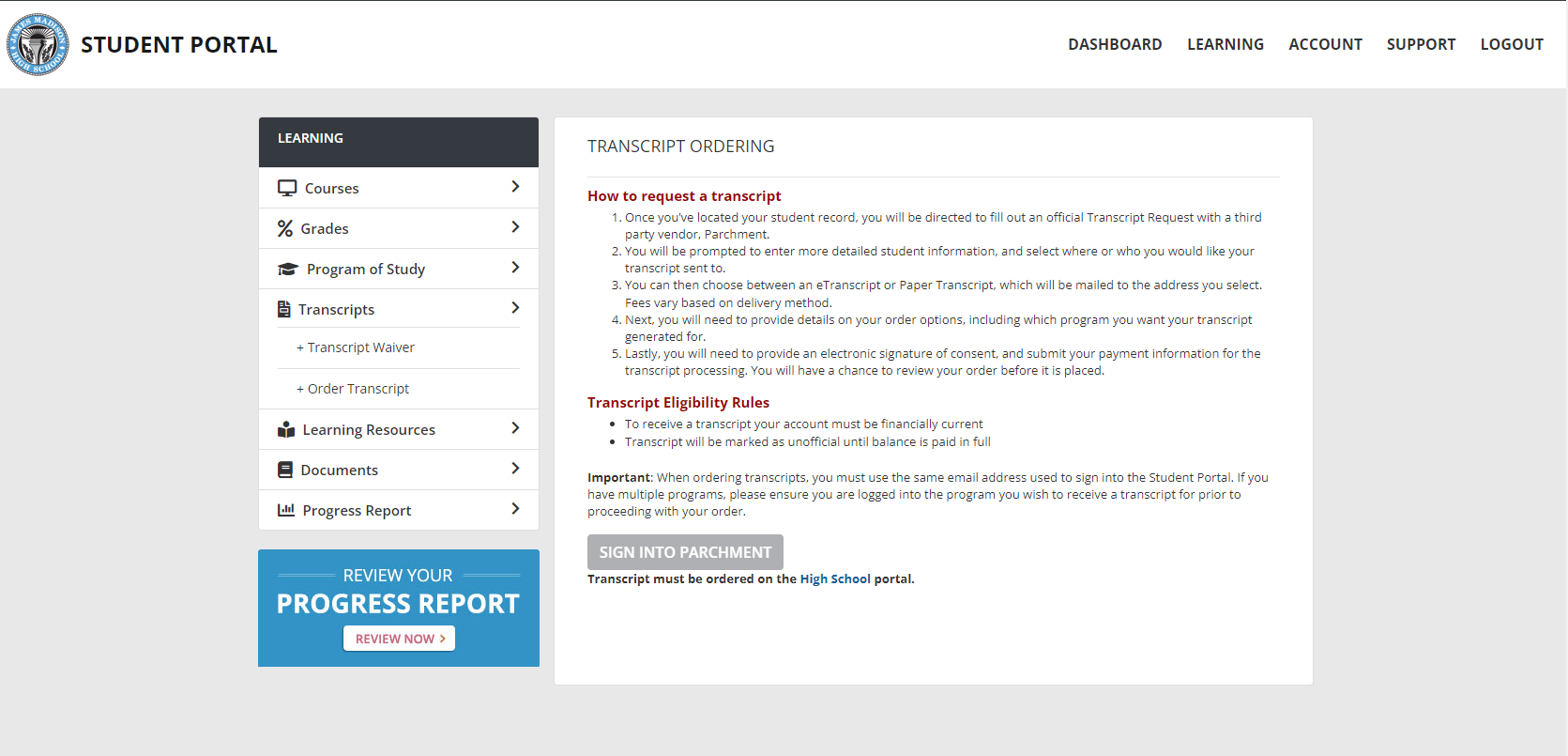 Image of the transcript section on the Student portal that provides details on how to order a transcript, transcript eligibility rules, and a link to where you can order a transcript.